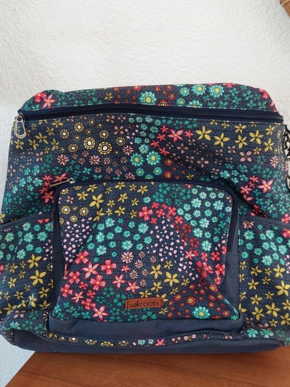 Sakroots Multi-Color Floral Canvas Backpack Navy Blue Boho School Travel Bag